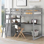 Lit mezzanine en pin massif, taille simple, avec échelle inclinée à gauche, bureau en L pleine largeur, étagère à mi-hauteur et 3 tiroirs côté gauche