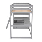 Lit mezzanine en pin massif, taille simple, avec échelle inclinée à gauche, bureau en L pleine largeur, étagère à mi-hauteur et 3 tiroirs côté gauche