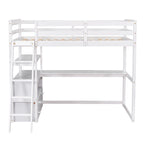 Lit mezzanine en pin massif, taille simple, avec échelle inclinée à gauche, bureau en L pleine largeur, étagère à mi-hauteur et 3 tiroirs côté gauche