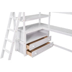 Lit mezzanine en pin massif, taille simple, avec échelle inclinée à gauche, bureau en L pleine largeur, étagère à mi-hauteur et 3 tiroirs côté gauche