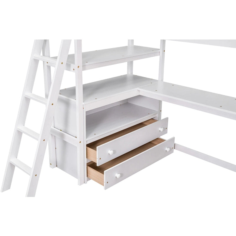 Lit mezzanine en pin massif, taille simple, avec échelle inclinée à gauche, bureau en L pleine largeur, étagère à mi-hauteur et 3 tiroirs côté gauche