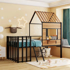 Lit mezzanine maison noir en métal et bois de taille double avec toit à lattes, panneau de fenêtre côté droit, échelle inclinée et garde-corps verticaux intégraux