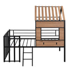 Lit mezzanine maison noir en métal et bois de taille double avec toit à lattes, panneau de fenêtre côté droit, échelle inclinée et garde-corps verticaux intégraux