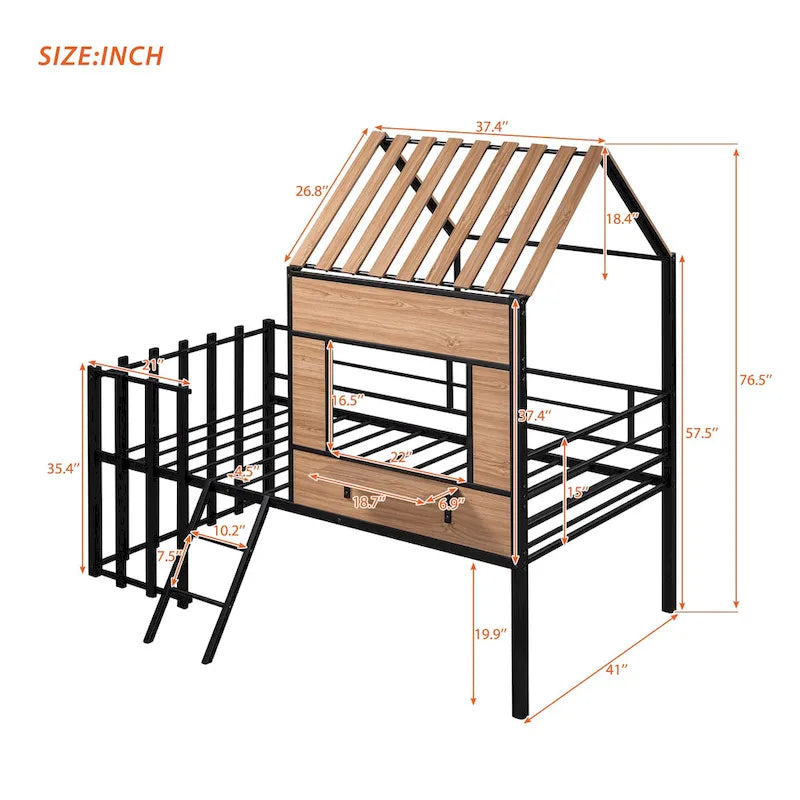 Lit mezzanine maison noir en métal et bois de taille double avec toit à lattes, panneau de fenêtre côté droit, échelle inclinée et garde-corps verticaux intégraux