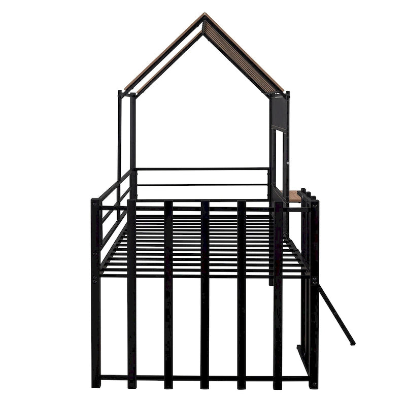 Lit mezzanine maison noir en métal et bois de taille double avec toit à lattes, panneau de fenêtre côté droit, échelle inclinée et garde-corps verticaux intégraux