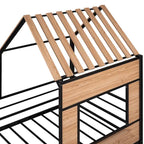 Lit mezzanine maison noir en métal et bois de taille double avec toit à lattes, panneau de fenêtre côté droit, échelle inclinée et garde-corps verticaux intégraux