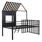 Lit mezzanine maison noir en métal et bois de taille double avec toit à lattes, panneau de fenêtre côté droit, échelle inclinée et garde-corps verticaux intégraux