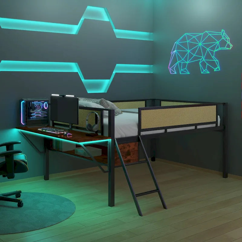 Lit mezzanine en métal pleine grandeur noir+marron avec bureau rectangulaire, lumières LED et rangement
