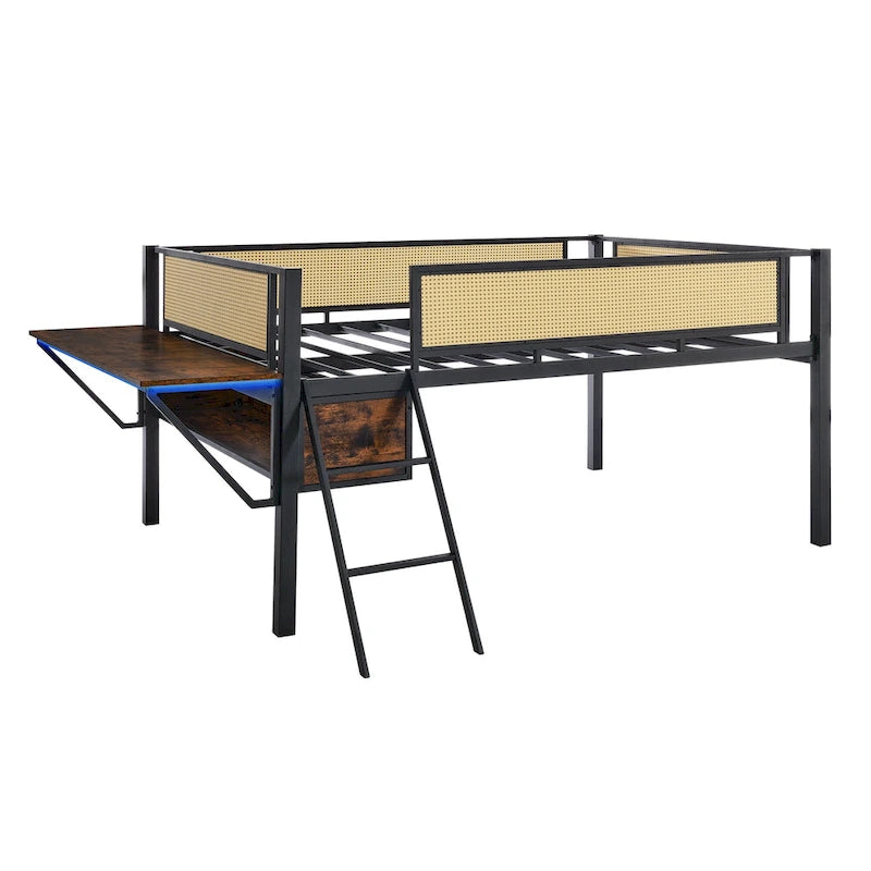 Lit mezzanine en métal pleine grandeur noir+marron avec bureau rectangulaire, lumières LED et rangement