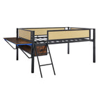 Lit mezzanine en métal pleine grandeur noir+marron avec bureau rectangulaire, lumières LED et rangement