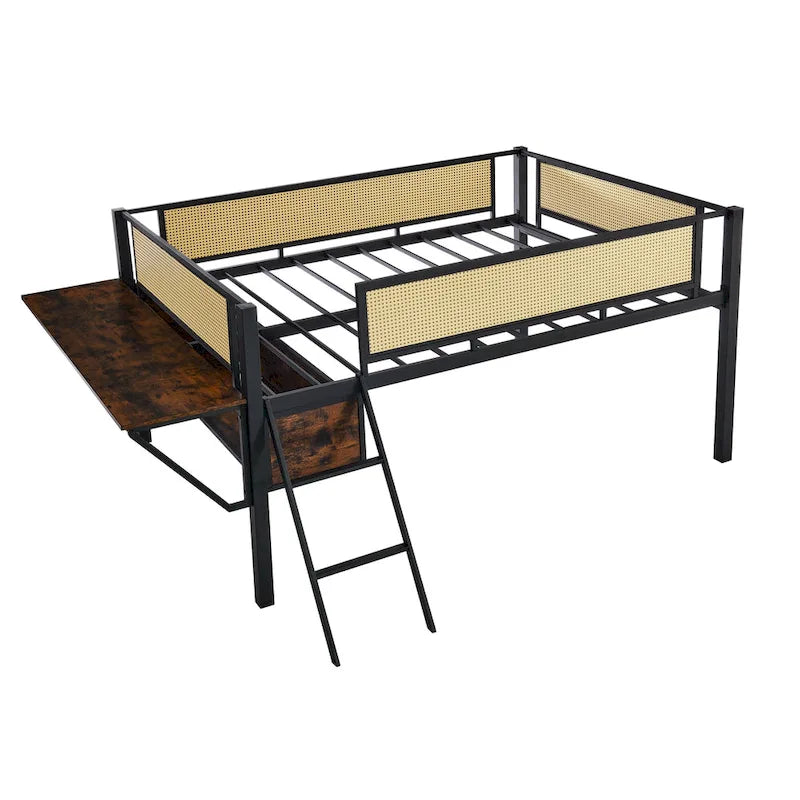 Lit mezzanine en métal pleine grandeur noir+marron avec bureau rectangulaire, lumières LED et rangement
