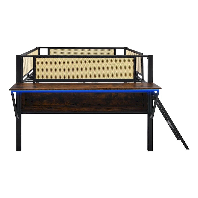 Lit mezzanine en métal pleine grandeur noir+marron avec bureau rectangulaire, lumières LED et rangement