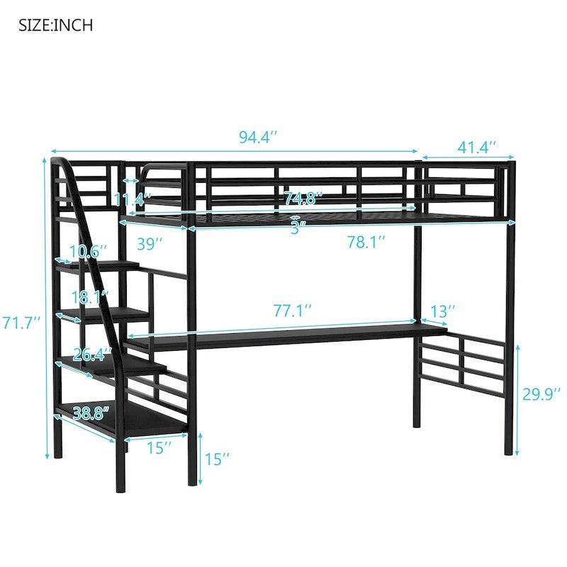 Lit mezzanine noir en métal, format jumeau, avec escalier de rangement, bureau pleine longueur et garde-corps complets