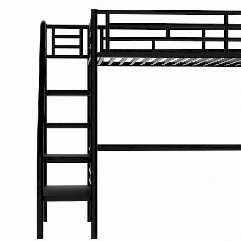 Lit mezzanine noir en métal, format jumeau, avec escalier de rangement, bureau pleine longueur et garde-corps complets