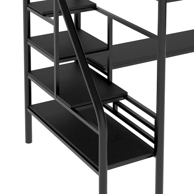 Lit mezzanine noir en métal, format jumeau, avec escalier de rangement, bureau pleine longueur et garde-corps complets