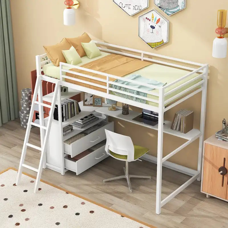 Lit mezzanine en métal et MDF blanc de taille double avec bureau, étagères à 2 niveaux, 2 tiroirs et échelle inclinée