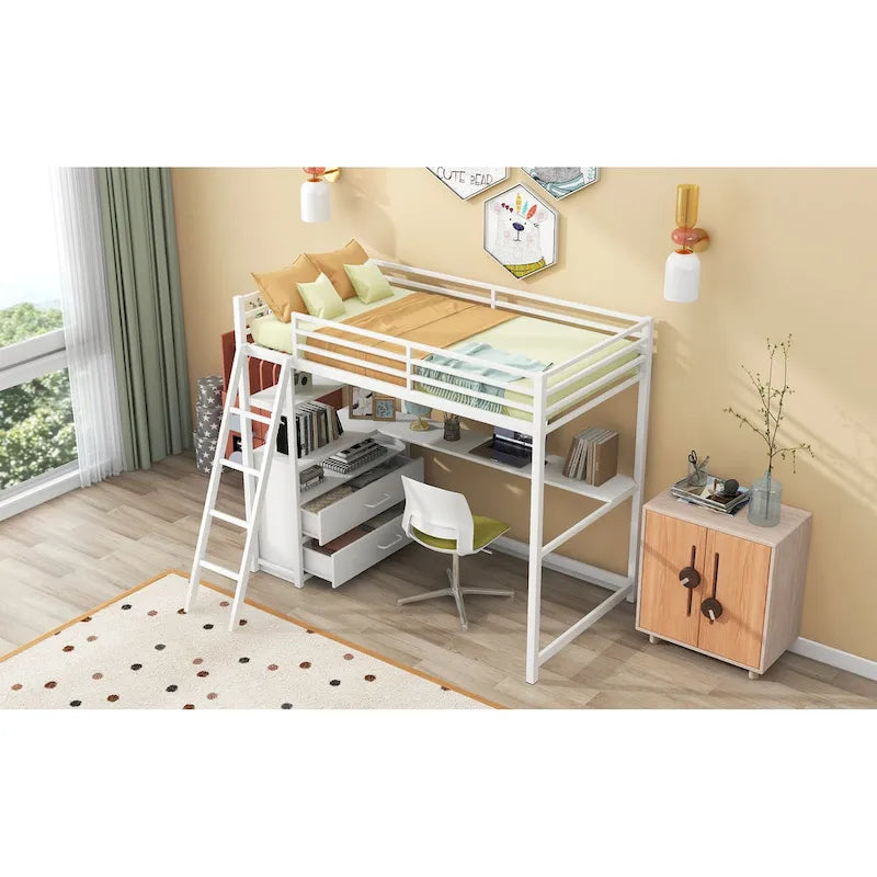 Lit mezzanine en métal et MDF blanc de taille double avec bureau, étagères à 2 niveaux, 2 tiroirs et échelle inclinée