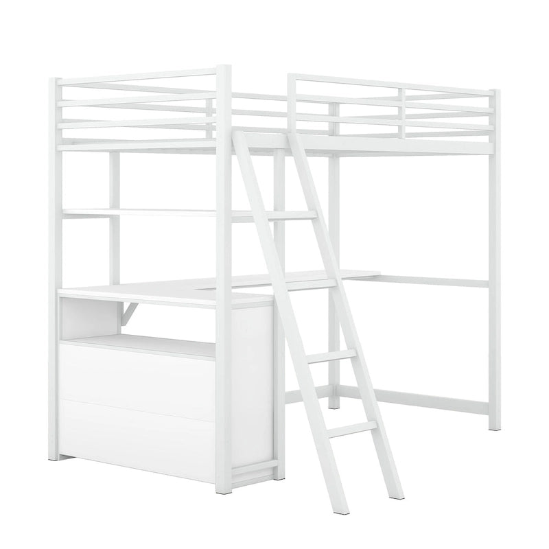 Lit mezzanine en métal et MDF blanc de taille double avec bureau, étagères à 2 niveaux, 2 tiroirs et échelle inclinée