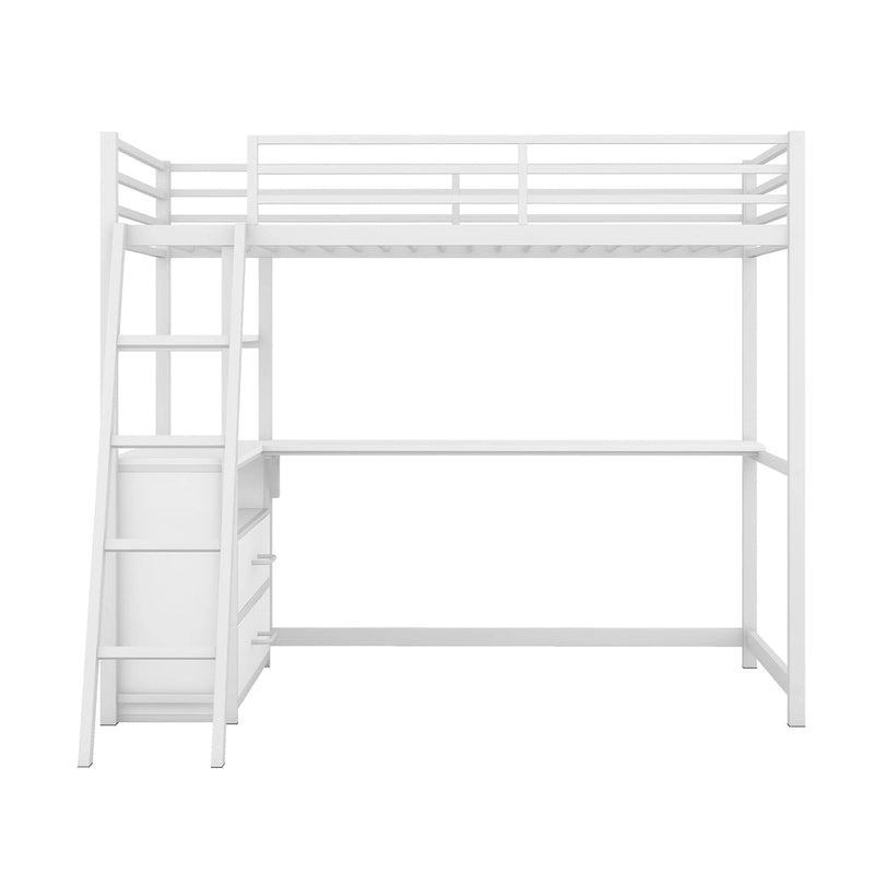 Lit mezzanine en métal et MDF blanc de taille double avec bureau, étagères à 2 niveaux, 2 tiroirs et échelle inclinée