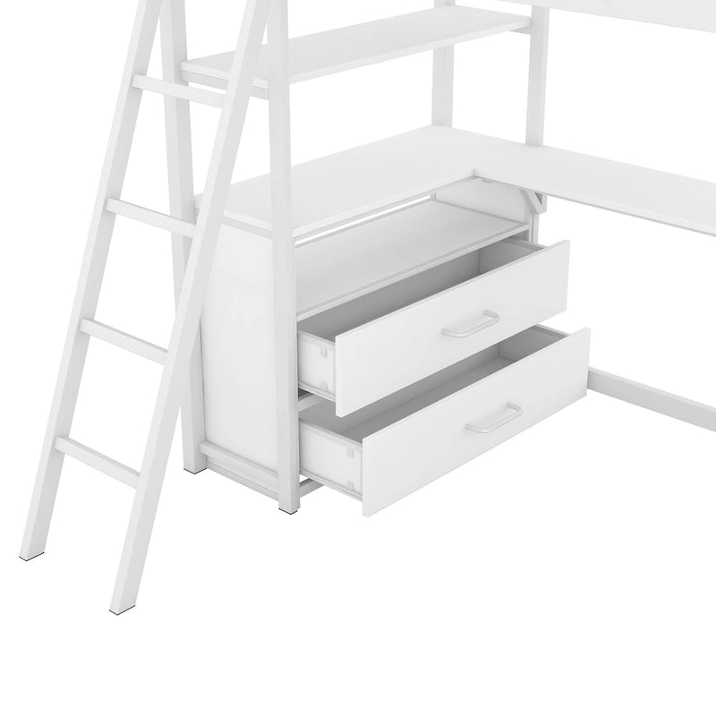 Lit mezzanine en métal et MDF blanc de taille double avec bureau, étagères à 2 niveaux, 2 tiroirs et échelle inclinée
