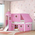 Lit mezzanine château en bois pleine grandeur rose avec toboggan, tour et baldaquin-tente