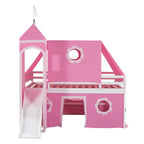 Full Size Cute Wood House Loft Bed with Slide & Tent