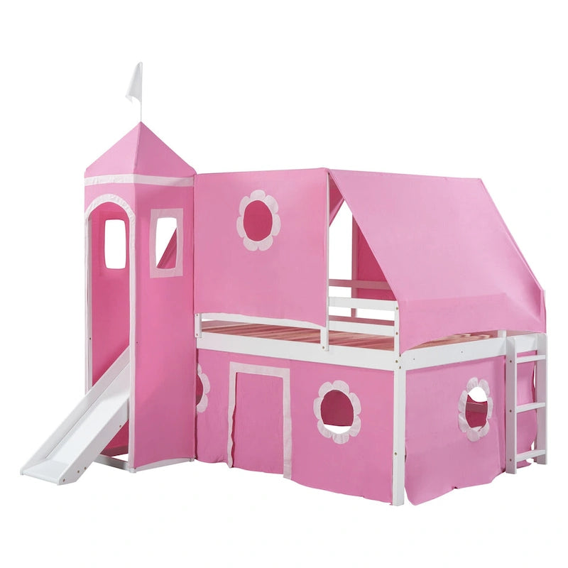 Lit mezzanine château en bois pleine grandeur rose avec toboggan, tour et baldaquin-tente