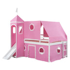 Lit mezzanine château en bois pleine grandeur rose avec toboggan, tour et baldaquin-tente