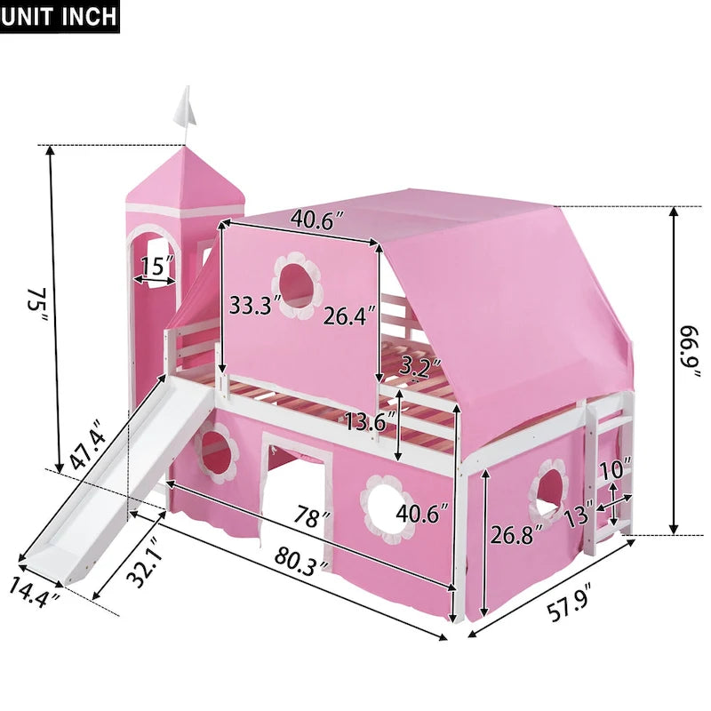 Lit mezzanine château en bois pleine grandeur rose avec toboggan, tour et baldaquin-tente