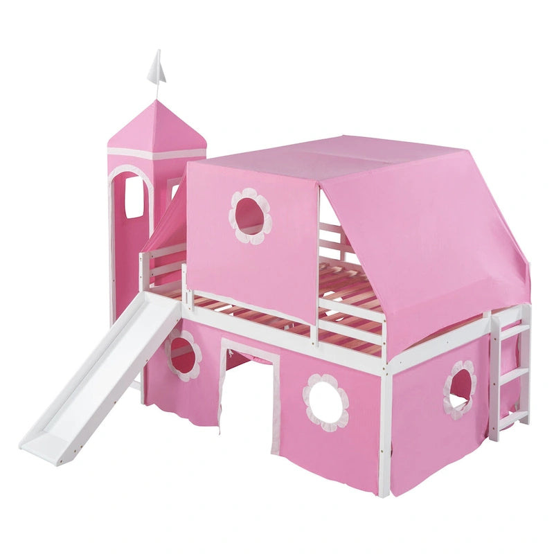 Lit mezzanine château en bois pleine grandeur rose avec toboggan, tour et baldaquin-tente