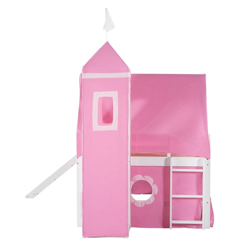 Lit mezzanine château en bois pleine grandeur rose avec toboggan, tour et baldaquin-tente