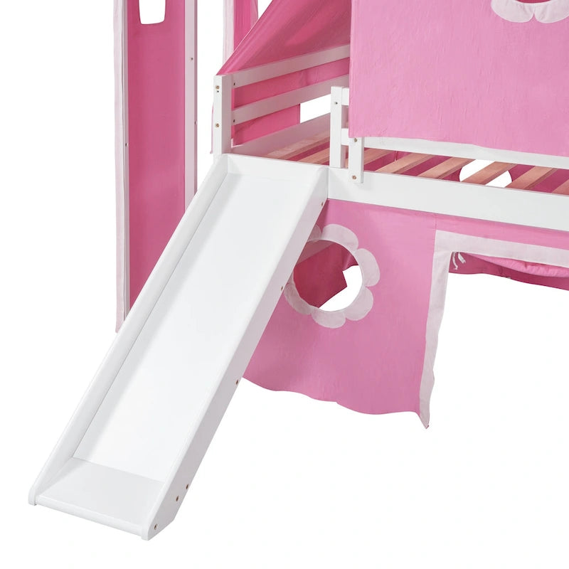 Lit mezzanine château en bois pleine grandeur rose avec toboggan, tour et baldaquin-tente
