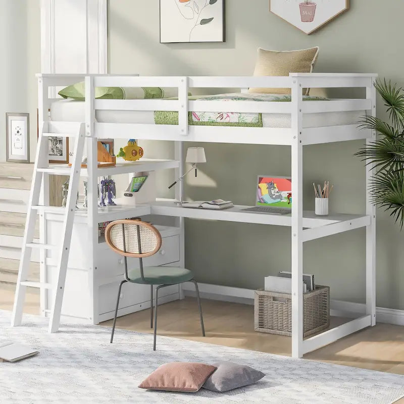 Lit mezzanine en pin massif avec bureau intégré, étagères et deux tiroirs