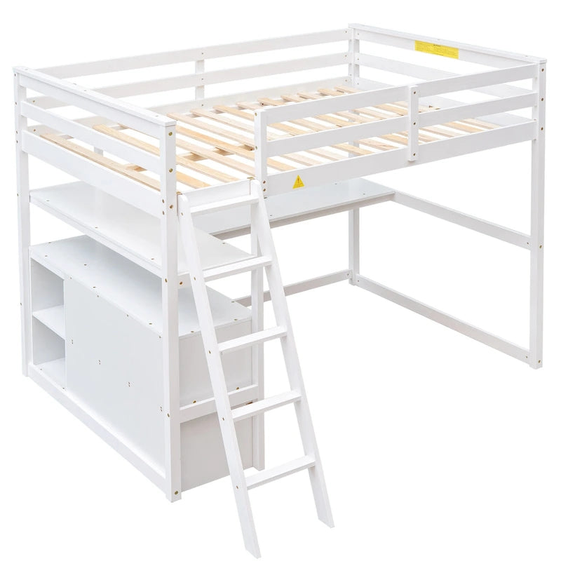 Lit mezzanine en pin massif avec bureau intégré, étagères et deux tiroirs