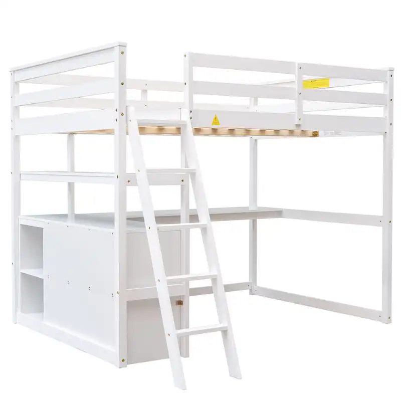 Lit mezzanine en pin massif avec bureau intégré, étagères et deux tiroirs