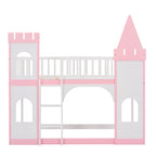 Lit superposé château double en pin massif rose avec tours, fenêtres cintrées et échelle