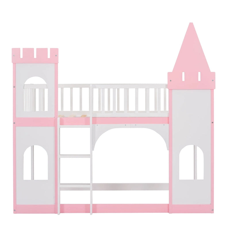 Lit superposé château double en pin massif rose avec tours, fenêtres cintrées et échelle