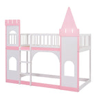 Lit superposé château double en pin massif rose avec tours, fenêtres cintrées et échelle