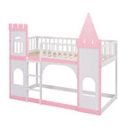 Lit superposé château double en pin massif rose avec tours, fenêtres cintrées et échelle