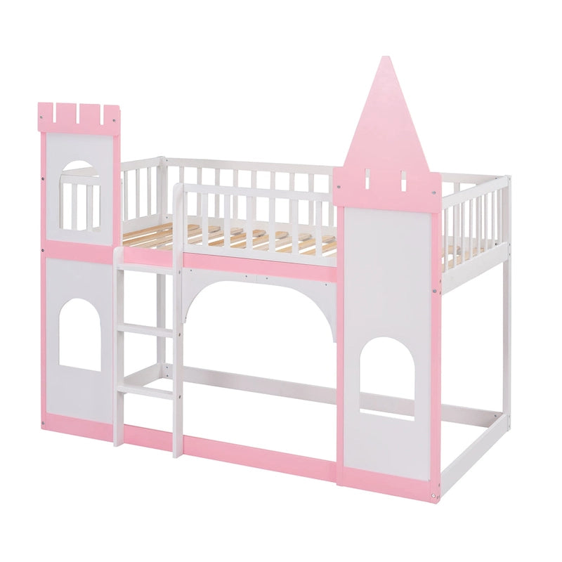 Lit superposé château double en pin massif rose avec tours, fenêtres cintrées et échelle
