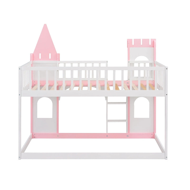 Lit superposé château double en pin massif rose avec tours, fenêtres cintrées et échelle