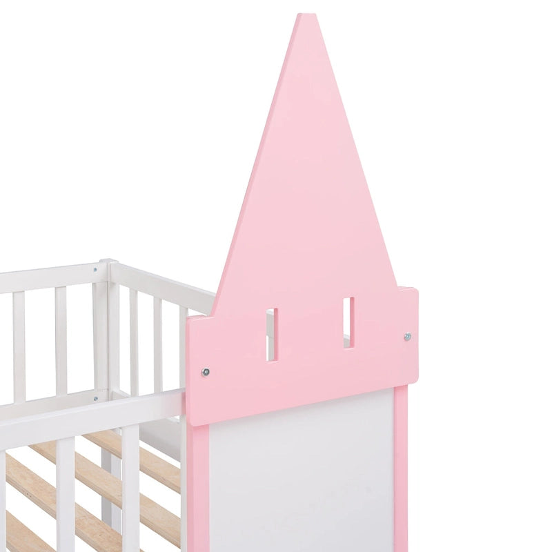 Lit superposé château double en pin massif rose avec tours, fenêtres cintrées et échelle