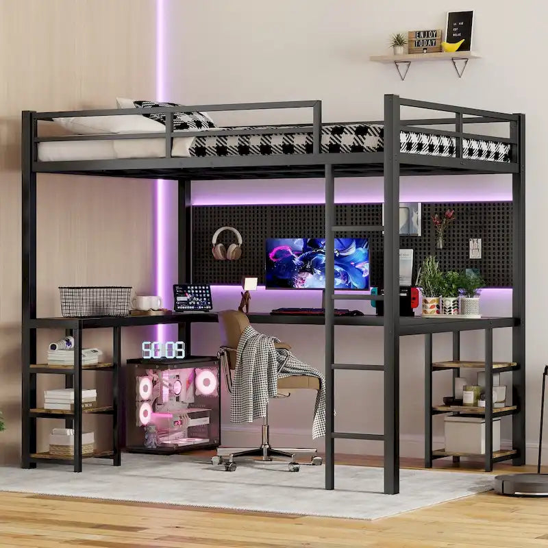 Lit mezzanine en métal noir de taille Full XL avec bureau en L et étagères de rangement