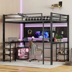 Lit mezzanine en métal noir de taille Full XL avec bureau en L et étagères de rangement