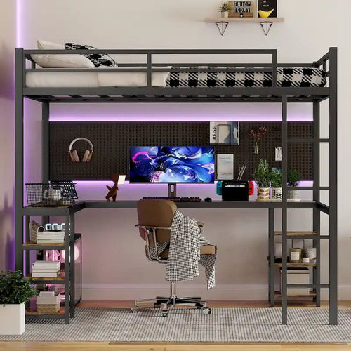 Full XL Size Metal Loft Bed with Desk, Shelves & Guardrails