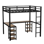Lit mezzanine en métal noir de taille Full XL avec bureau en L et étagères de rangement
