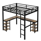Lit mezzanine en métal noir de taille Full XL avec bureau en L et étagères de rangement