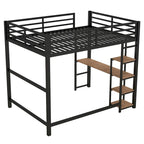 Lit mezzanine double en métal noir avec bureau en MDF en L sur le côté gauche et étagère centrale à 4 niveaux