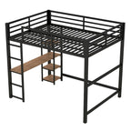 Lit mezzanine double en métal noir avec bureau en MDF en L sur le côté gauche et étagère centrale à 4 niveaux