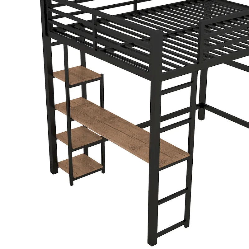 Lit mezzanine double en métal noir avec bureau en MDF en L sur le côté gauche et étagère centrale à 4 niveaux